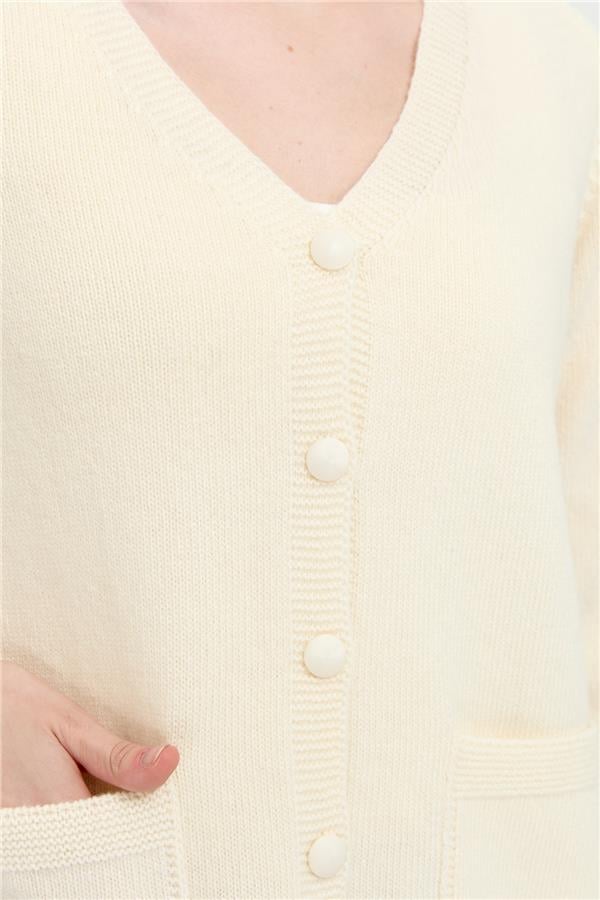 Kadın V Yaka Basic Yün Hırka Kemik