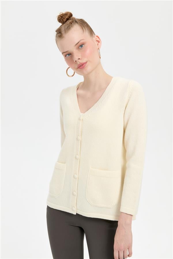 Kadın V Yaka Basic Yün Hırka Kemik