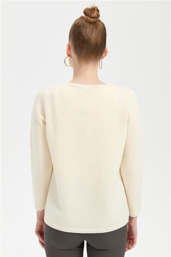 Kadın V Yaka Basic Yün Hırka Kemik