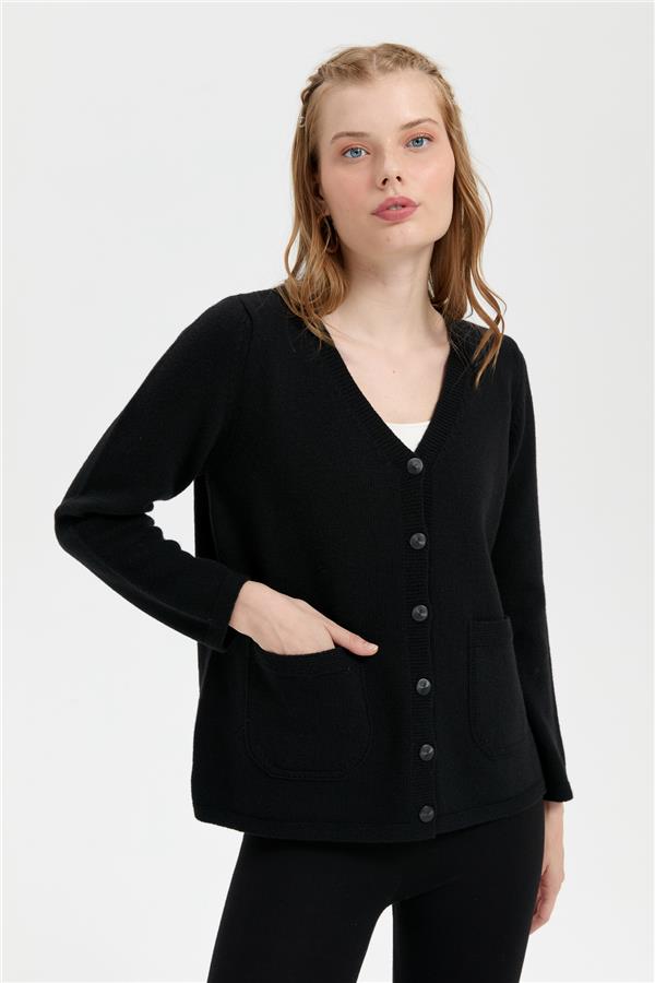 Kadın V Yaka Basic Yün Hırka Siyah