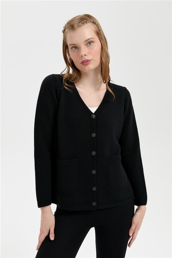 Kadın V Yaka Basic Yün Hırka Siyah