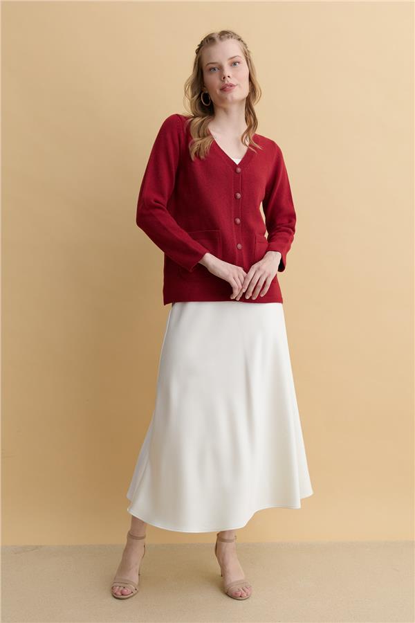 Kadın V Yaka Basic Yün Hırka V.Kırmızı