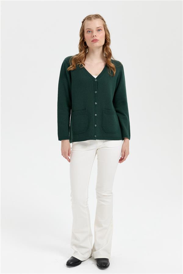 Kadın V Yaka Basic Yün Hırka Yeşil