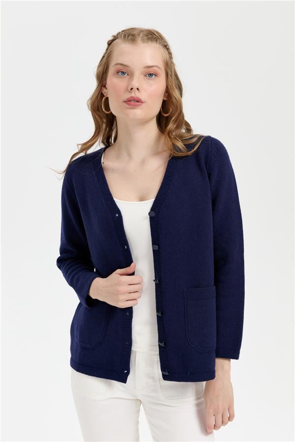 Kadın V Yaka Basic Yün Hırka Y.A Lacivert