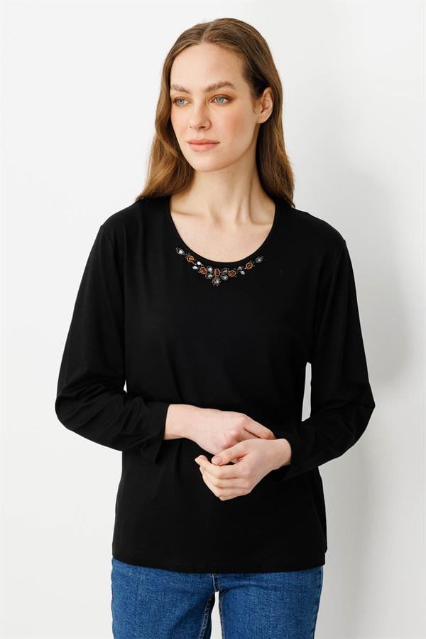 Kadın V Yaka Boncuk İşlemeli Penye Bluz Siyah