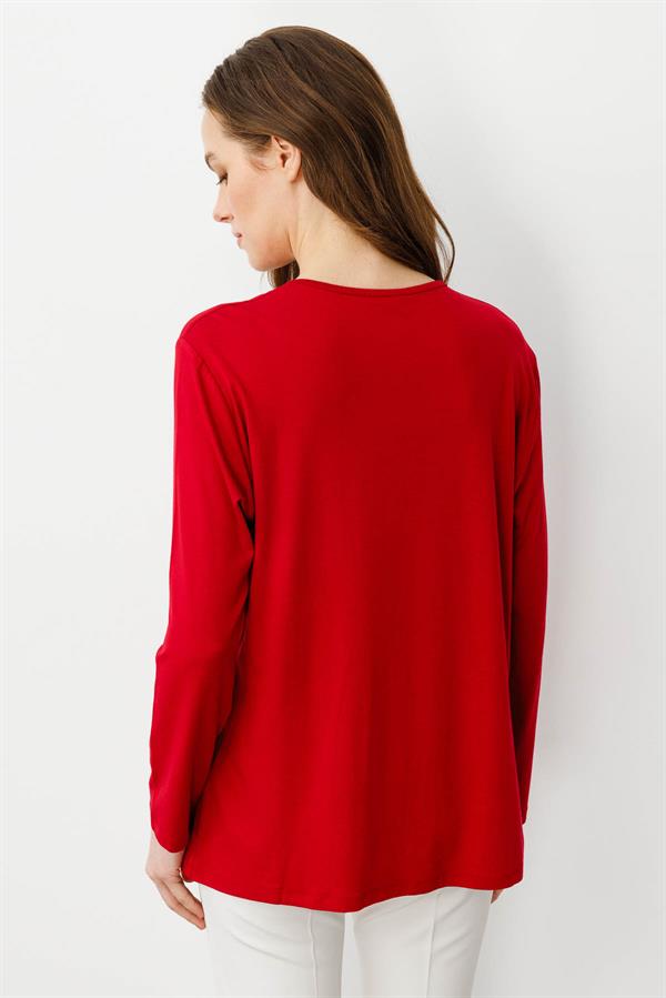Kadın V Yaka Boncuk İşlemeli Penye Bluz Kırmızı