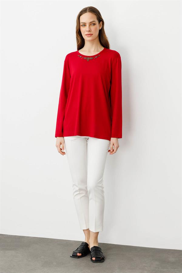 Kadın V Yaka Boncuk İşlemeli Penye Bluz Kırmızı