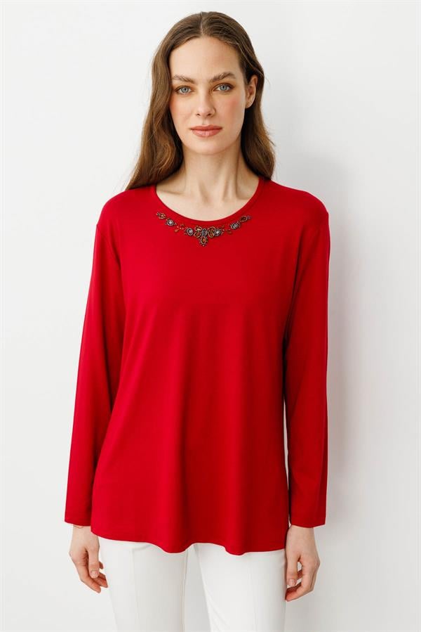 Kadın V Yaka Boncuk İşlemeli Penye Bluz Kırmızı