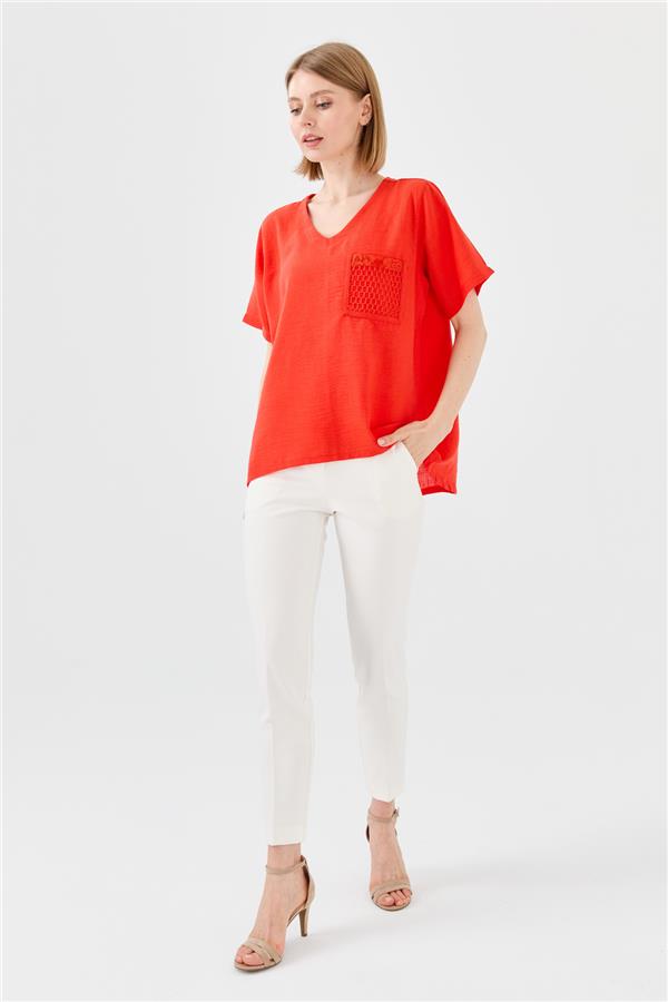 Женская льняная футболка с V образным вырезом и сеткой на кармане оранжевая