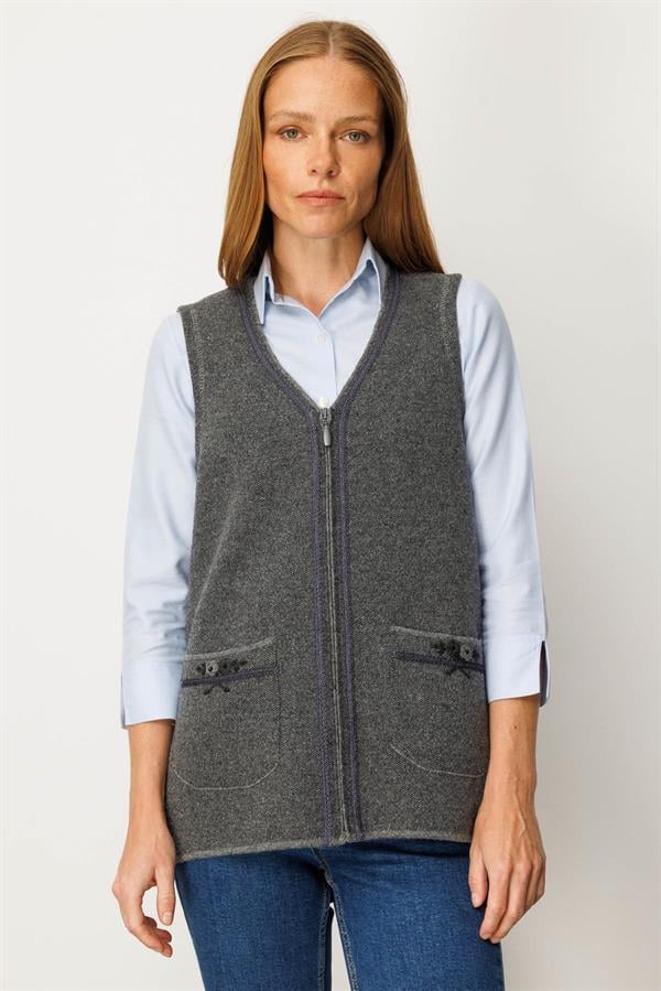 Kadın V Yaka Cebi Nakış İşlemeli Yün Yelek Füme
