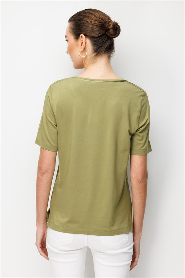 Kadın V Yaka Cebi Saten Şeritli Penye T-shirt Yeşil
