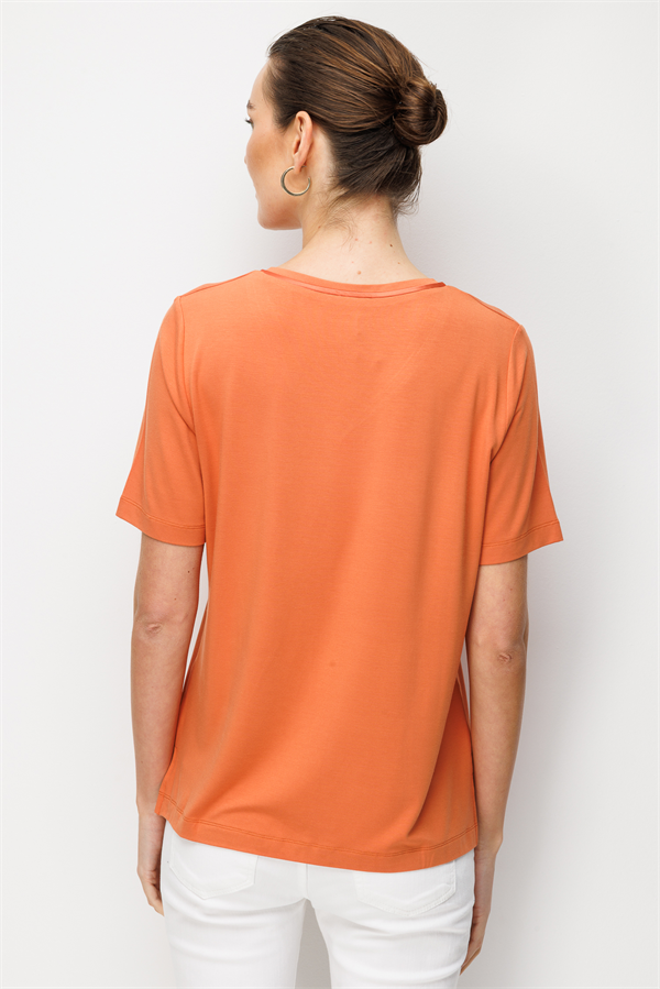 Kadın V Yaka Cebi Saten Şeritli Penye T-shirt Somon