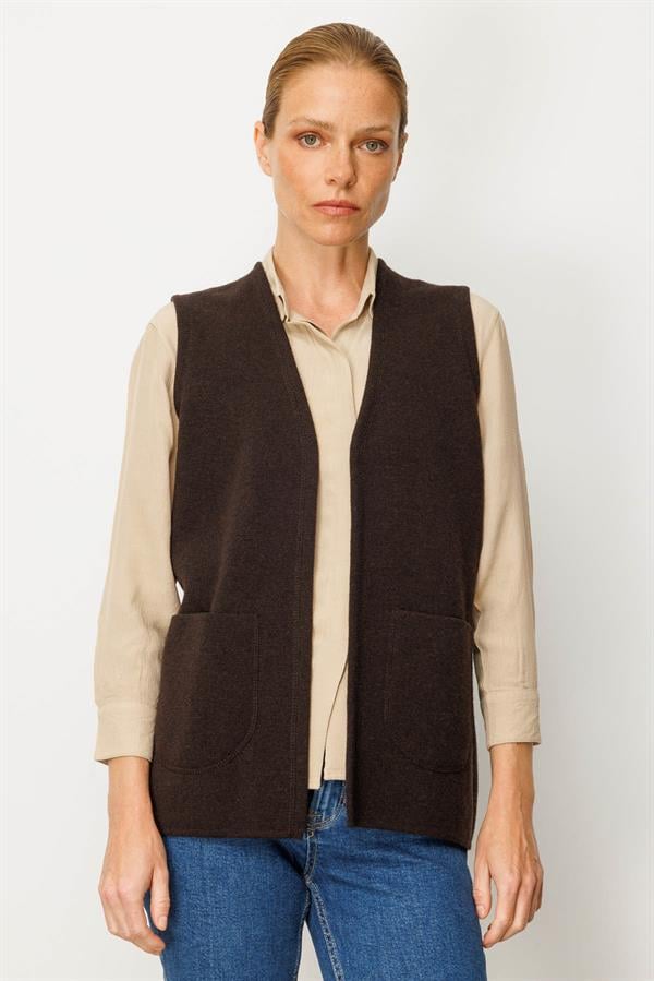 Kadın V Yaka Çelik Örgü Anne Yelek K.Kahve