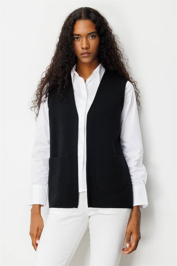 Kadın V Yaka Çelik Örgü Anne Yelek Siyah