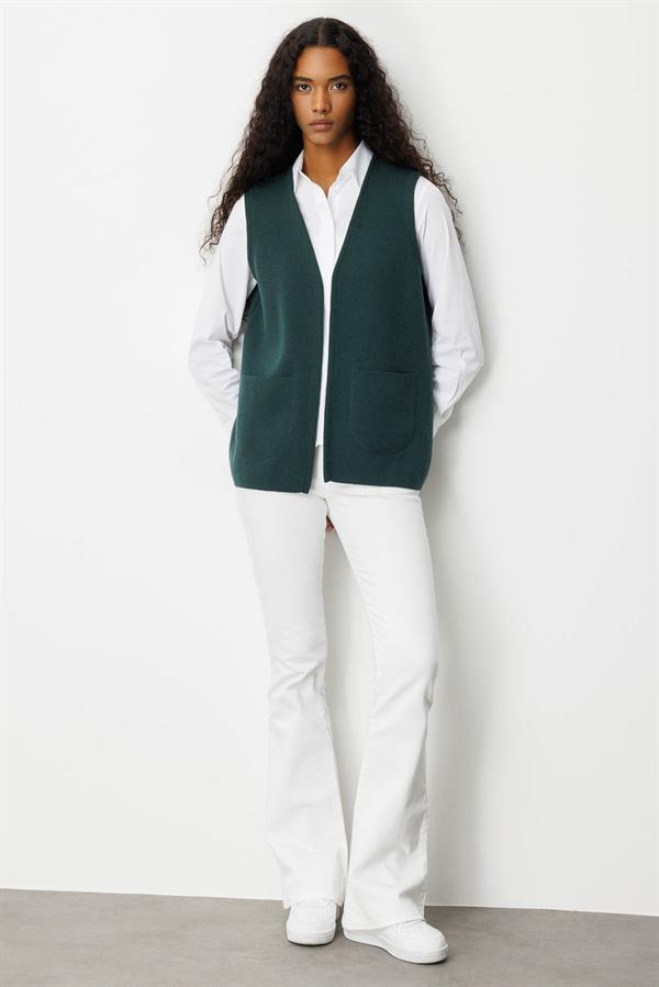 Kadın V Yaka Çelik Örgü Anne Yelek Yeşil