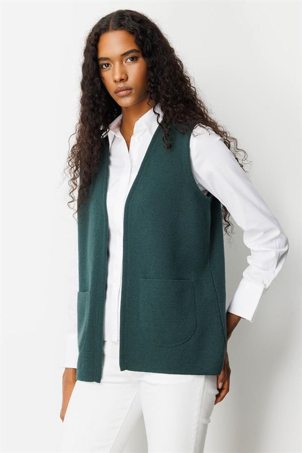 Kadın V Yaka Çelik Örgü Anne Yelek Yeşil