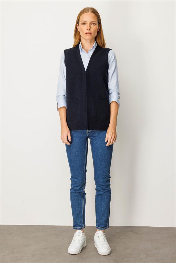 Kadın V Yaka Çelik Örgü Anne Yelek K.Lacivert