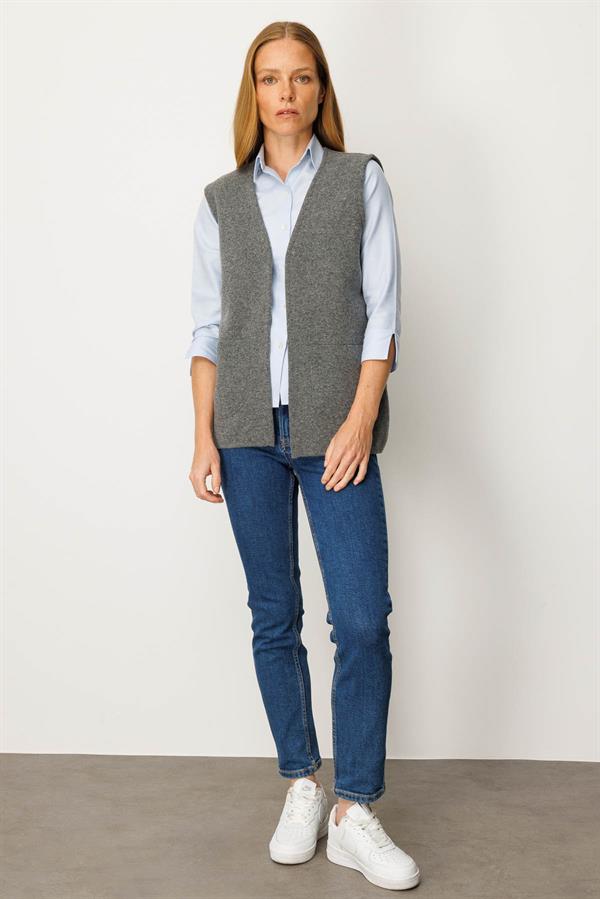 Kadın V Yaka Çelik Örgü Anne Yelek Füme