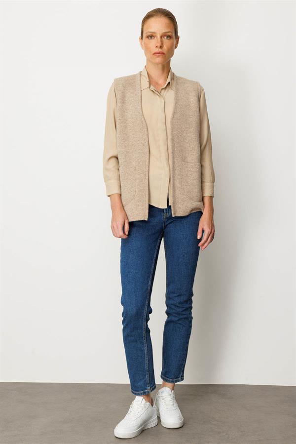 Kadın V Yaka Çelik Örgü Anne Yelek K.Bej