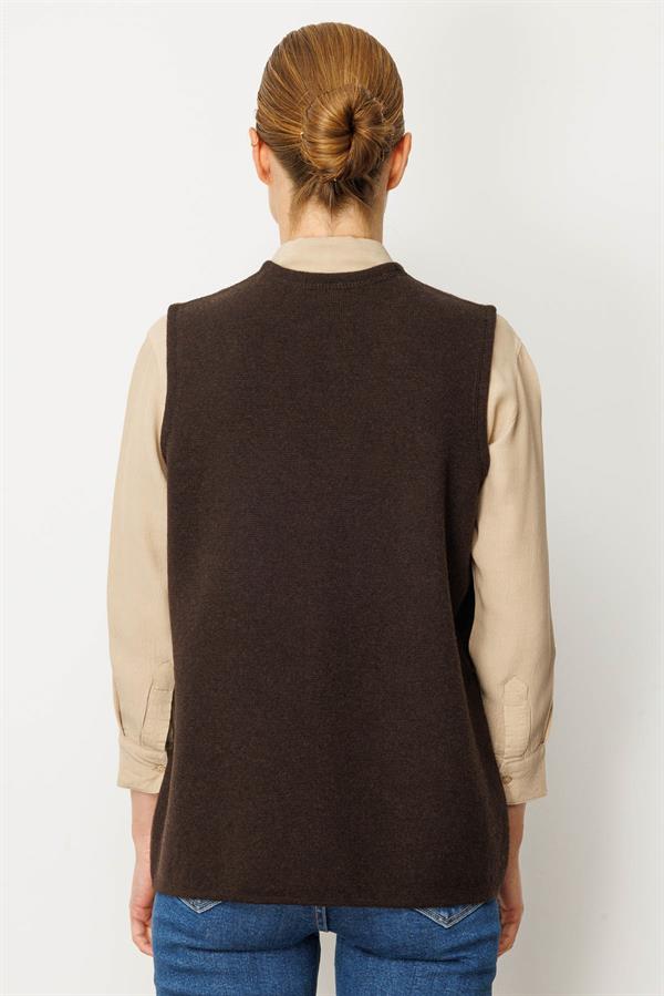 Kadın V Yaka Çelik Örgü Anne Yelek K.Kahve