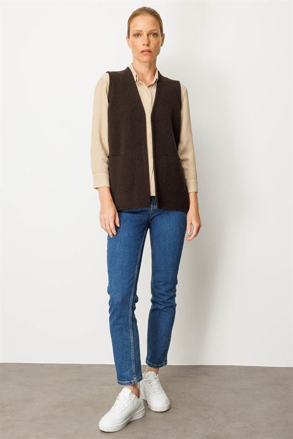 Kadın V Yaka Çelik Örgü Anne Yelek K.Kahve