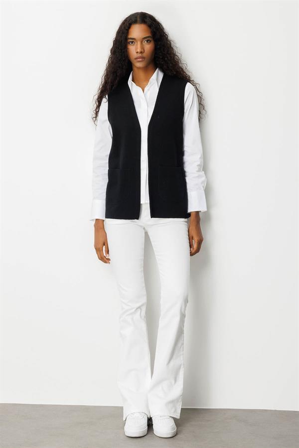 Kadın V Yaka Çelik Örgü Anne Yelek Siyah