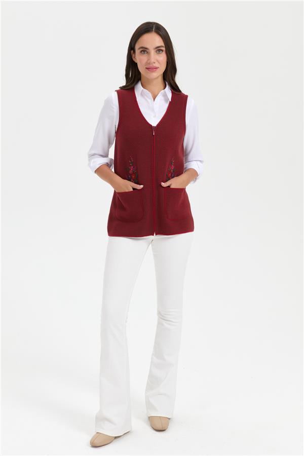Kadın V Yaka Cep Üstü Nakış İşlemeli Yün Yelek V.Kırmızı