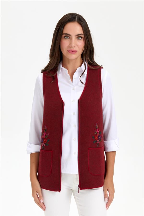 Kadın V Yaka Cep Üstü Nakış İşlemeli Yün Yelek V.Kırmızı