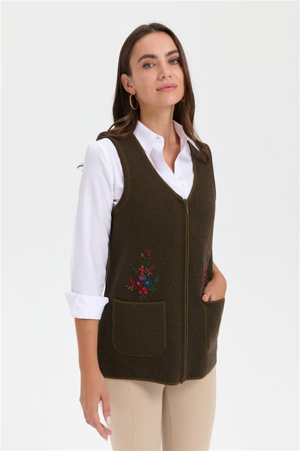 Kadın V Yaka Cep Üstü Nakış İşlemeli Yün Yelek A.Yeşil