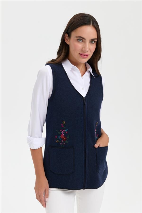 Kadın V Yaka Cep Üstü Nakış İşlemeli Yün Yelek K.Lacivert