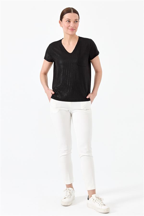 Женская хлопковая футболка с карманом и V образным вырезом черная