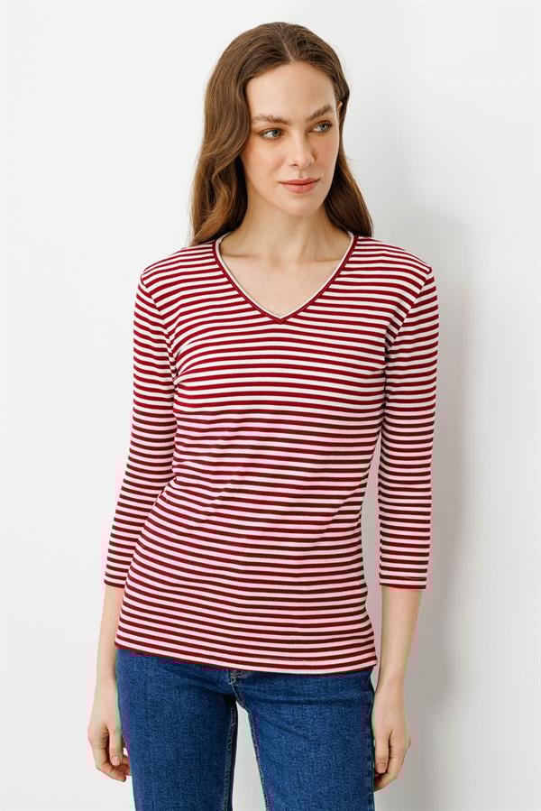 Kadın V Yaka Çizgili Triko Bluz Kırmızı