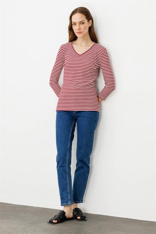 Kadın V Yaka Çizgili Triko Bluz Kırmızı