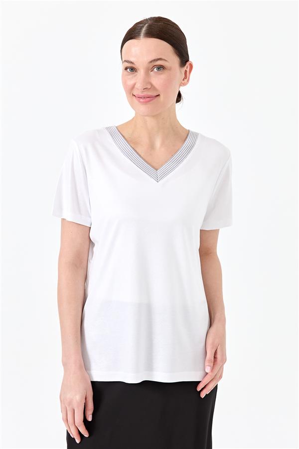 Женская хлопковая футболка с V образным вырезом в полоску белая