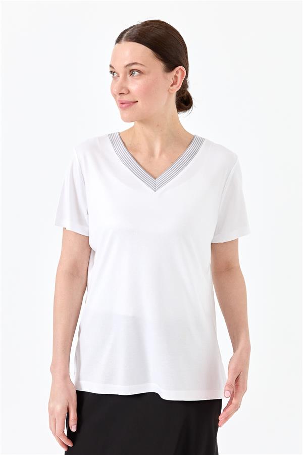 Женская хлопковая футболка с V образным вырезом в полоску белая