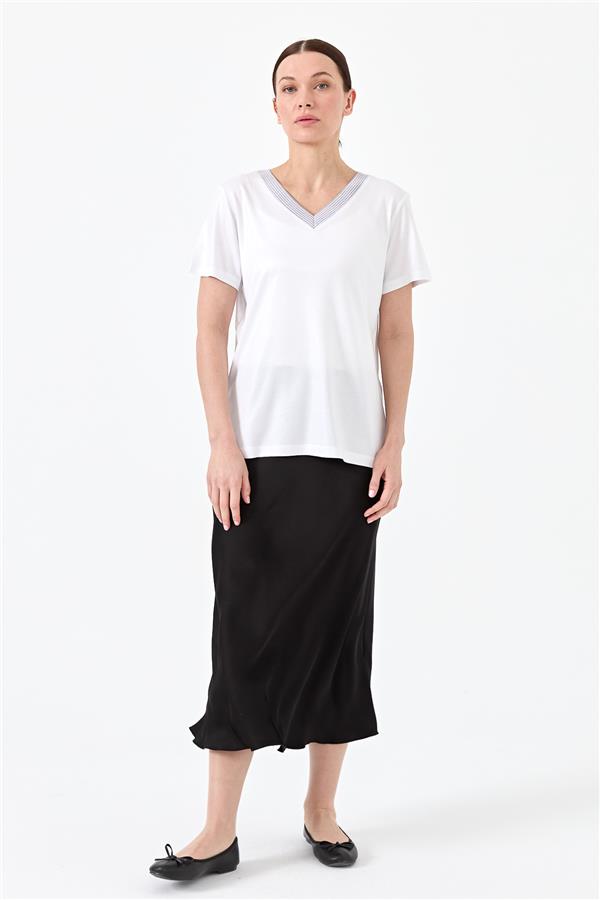 Женская хлопковая футболка с V образным вырезом в полоску белая