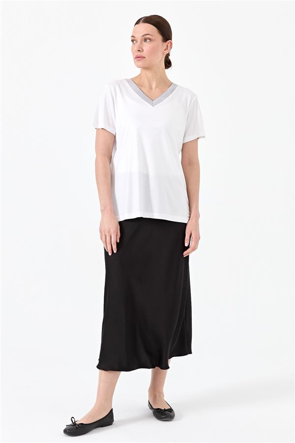 Женская хлопковая футболка с V образным вырезом в полоску белая