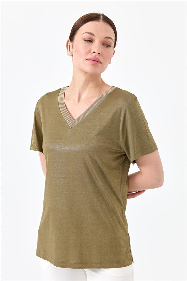 Женская хлопковая футболка с V образным вырезом в полоску хаки