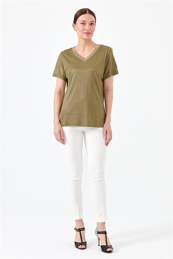 Женская хлопковая футболка с V образным вырезом в полоску хаки