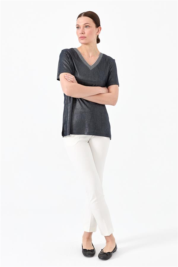 Женская хлопковая футболка с V образным вырезом в полоску темно синяя