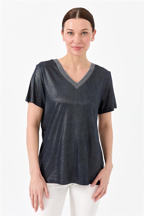 Женская хлопковая футболка с V образным вырезом в полоску темно синяя