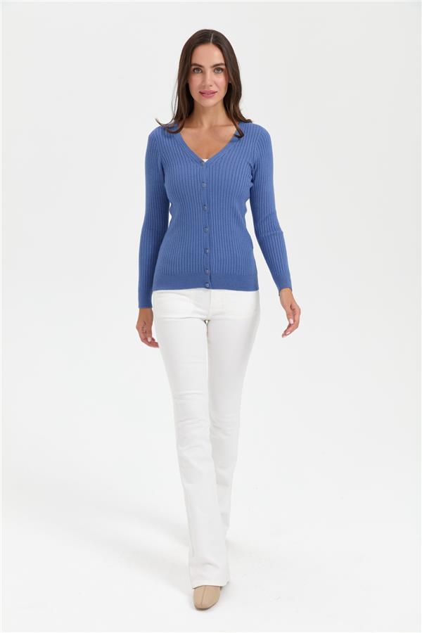 Kadın V Yaka Dikişsiz Hırka İndigo