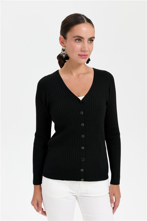 Kadın V Yaka Dikişsiz Hırka Siyah