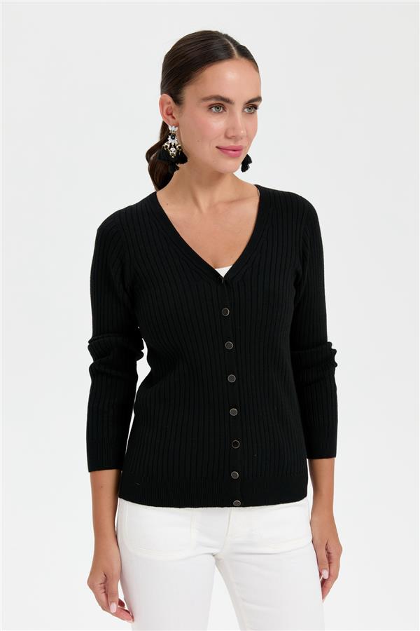 Kadın V Yaka Dikişsiz Hırka Siyah