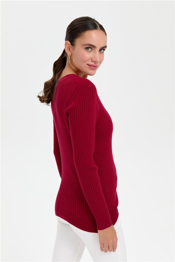 Kadın V Yaka Dikişsiz Hırka Vişne