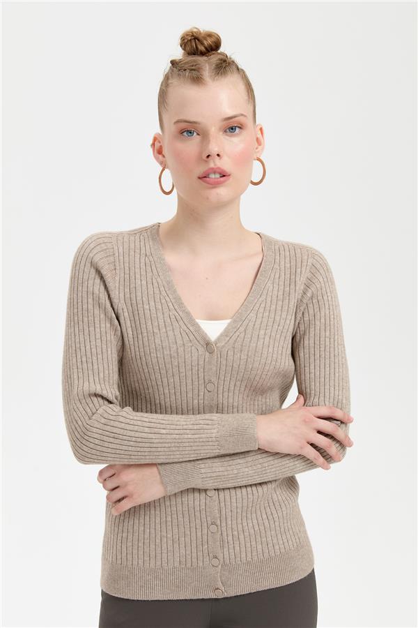 Kadın V Yaka Dikişsiz Hırka Vizon