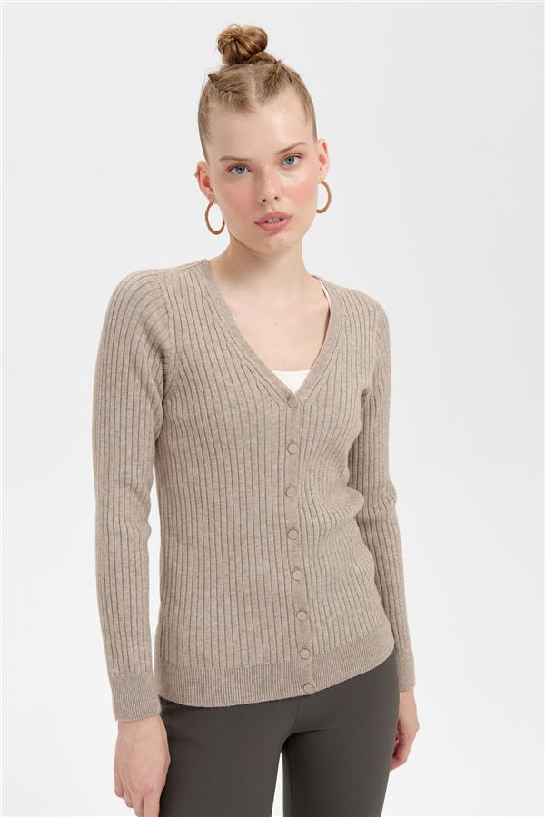 Kadın V Yaka Dikişsiz Hırka Vizon