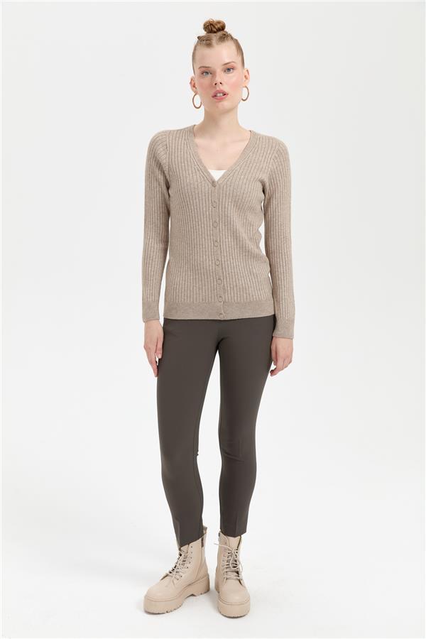 Kadın V Yaka Dikişsiz Hırka Vizon