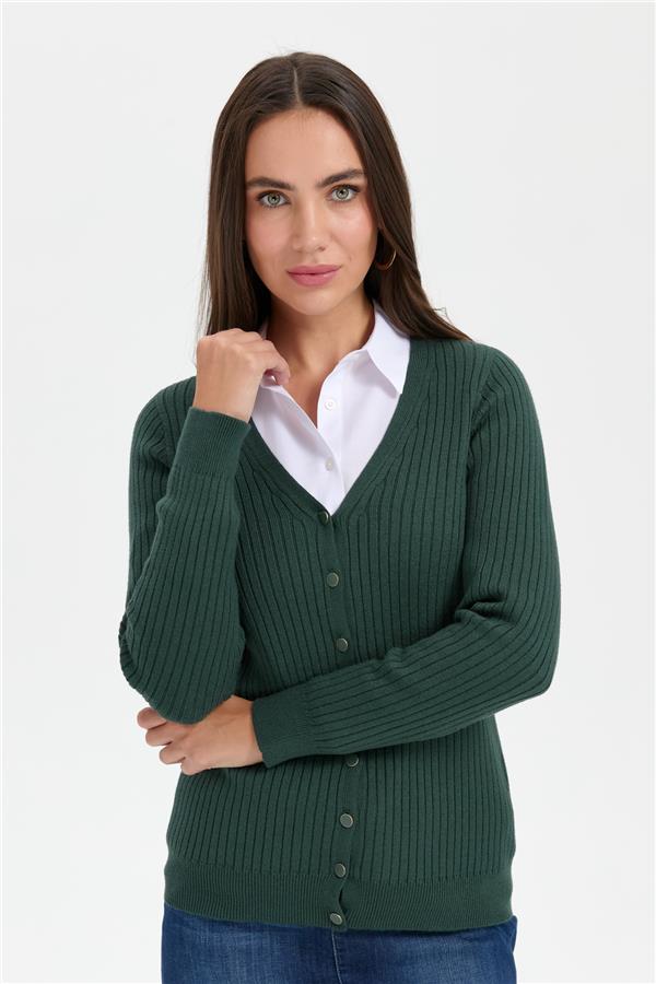 Kadın V Yaka Dikişsiz Hırka Yeşil