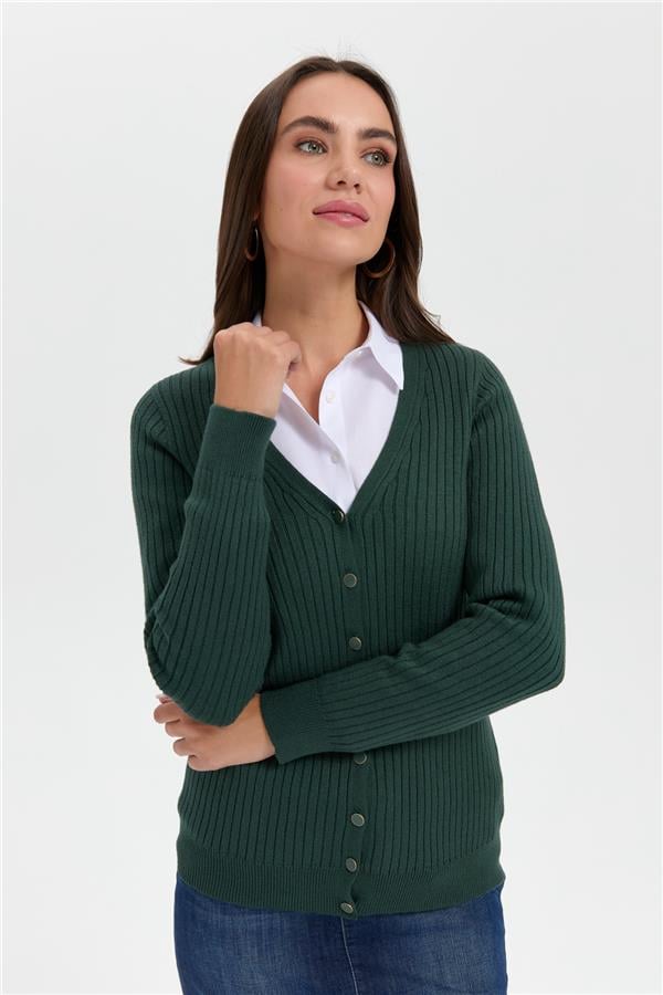 Kadın V Yaka Dikişsiz Hırka Yeşil